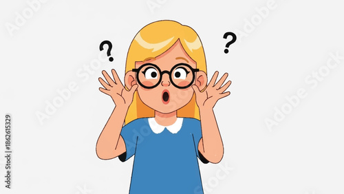 An animated girl with blonde hair and glasses looks surprised, with hands raised and question marks above her head