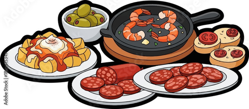 An appetizing illustration of a variety of Spanish-style tapas including potatoes, olives, shrimp, and sausage