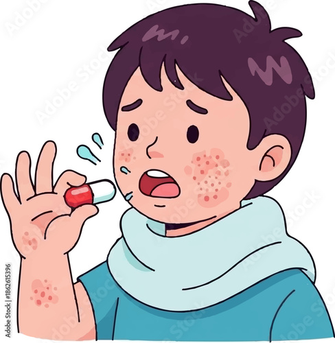 An cartoon child with a skin rash looks worried while holding a red and white medicine capsule