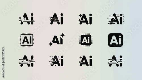 Various Adobe Illustrator logos arranged in a grid pattern on a gradient background