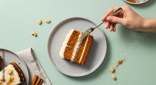 A slice of layered carrot cake with cream cheese frosting on a g