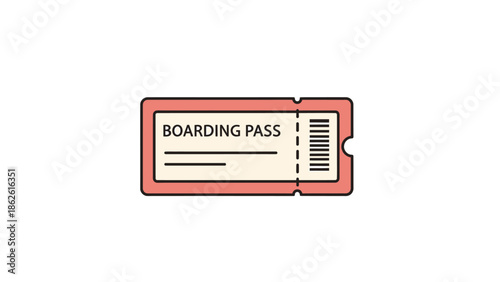 Flat design illustration of a pink boarding pass with a barcode and text on a white background.