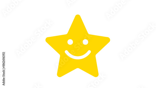 A bright yellow five-pointed star with a happy smiley face on a white background.