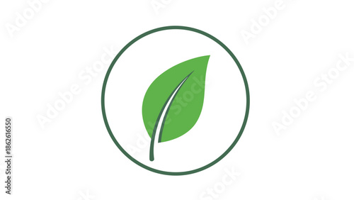A vibrant green leaf icon enclosed within a circular outline, symbolizing nature, ecology, and environmental sustainability on a white background.