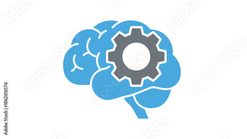 Brain with a gear cog inside symbolizing thought process and intelligence.