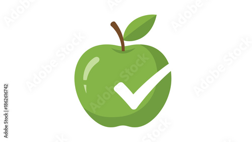 Green apple with white checkmark icon. Flat vector illustration of healthy food choice, diet approval, and nutrition quality symbol isolated on white background
