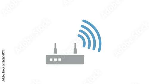 A grey wireless router with two antennas emitting blue Wi-Fi signal waves on a white background, symbolizing internet connectivity.