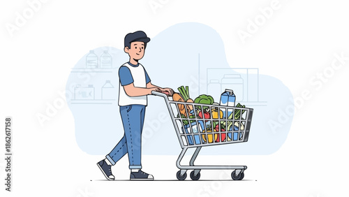 Young man pushing a full shopping cart at the grocery store.