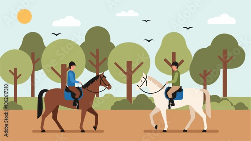 Two people riding horses in a park on a sunny day.