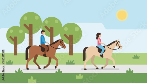 Two people riding horses in a park on a sunny day.