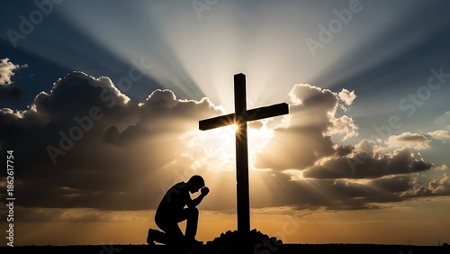 The silhouette of a man kneeling in humble prayer at the foot of a wooden cross with bright sun rays breaking through dramatic clouds.
