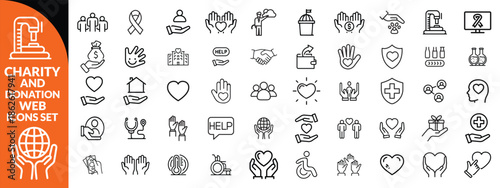 Charity and Donation set of web icons in line style. Volunteering and donation icons for web and mobile app. Help, caring, solidarity, alms, donate, volunteer, care, charity and more. big icon set 