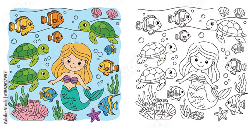 Coloring book page for kids featuring a cute cartoon mermaid swimming with sea turtles and tropical fish underwater vector illustration