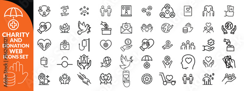 Charity and Donation set of web icons in line style. Volunteering and donation icons for web and mobile app. Help, caring, solidarity, alms, donate, volunteer, care, charity and more. big icon set 