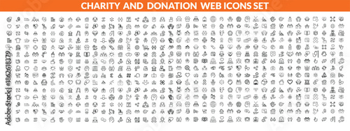 Charity and Donation set of web icons in line style. Volunteering and donation icons for web and mobile app. Help, caring, solidarity, alms, donate, volunteer, care, charity and more. big icon set 