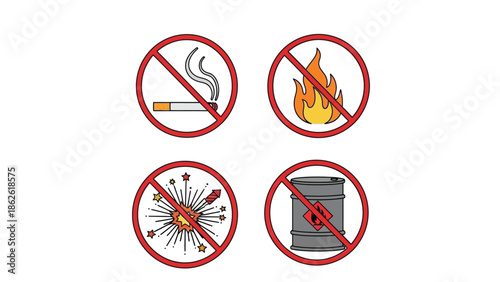 Set of four graphic prohibition signs indicating no smoking no open flames no fireworks and no flammable materials storage allowed in this area