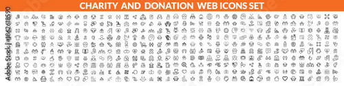 Charity and Donation set of web icons in line style. Volunteering and donation icons for web and mobile app. Help, caring, solidarity, alms, donate, volunteer, care, charity and more. big icon set 