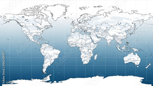 World map with country borders and grid lines a clean political map for global concepts and travel planning presented on a blue gradient background