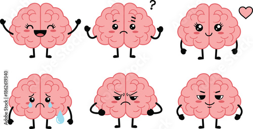 Cute Brain Characters Showing Different Emotions And Facial Expressions Cartoon Vector Illustration For Psychology Education Concept