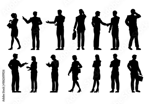businessmen and office workers silhouette set for architectural, men and women standing, walking, using phone. front and side view, illustration isolated on white background.