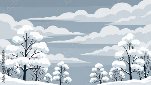 Winter landscape with snow-covered trees and cloudy sky a serene natural scene for seasonal or weather-related concepts flat illustration style