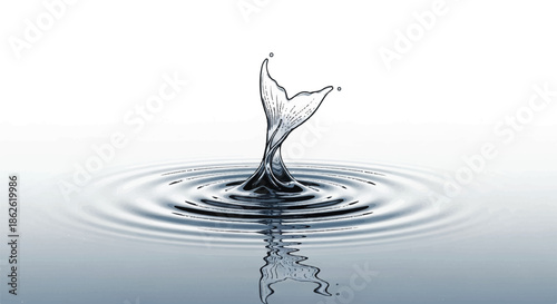 Splash of water forming a fish tail silhouette on calm water surface