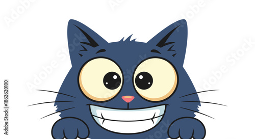 Funny cartoon cat head with oversized expressive eyes and a wide toothy grin, showing a hilarious and mischievous expression for humor and comedy.