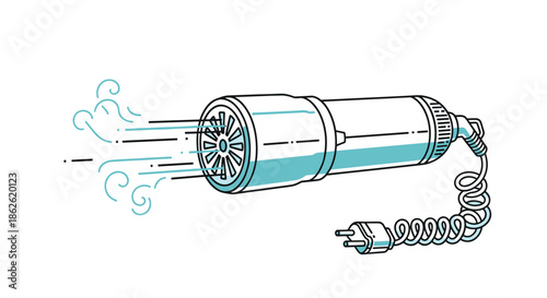 Modern white and blue electric hair dryer blowing air out of its nozzle with a coiled power cord and plug for beauty and hair styling routines.