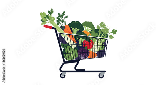 Metal grocery shopping cart overflowing with fresh green vegetables like broccoli, carrots, peppers, and leafy greens from a local market.