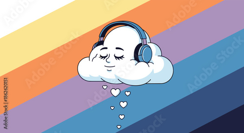Cartoon white cloud character with a peaceful expression wearing blue headphones and listening to music with floating hearts on a striped background.