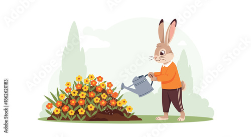Cute brown rabbit character wearing an orange sweater while watering a large bed of colorful flowers in a garden on a sunny spring day.