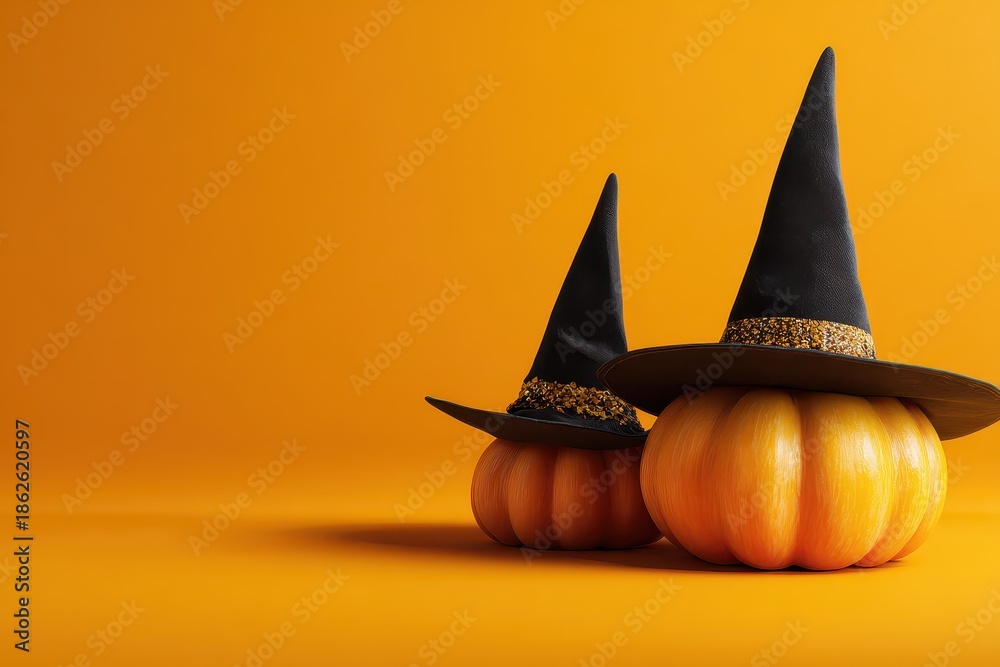 Fototapeta premium Happy Halloween celebration featuring pumpkins wearing witch hats set against a bright orange background for a festive autumn vibe