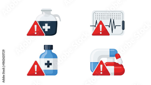 Collection of medical warning icons representing risks associated with pharmaceuticals prescription monitoring and magnetic interference with health devices