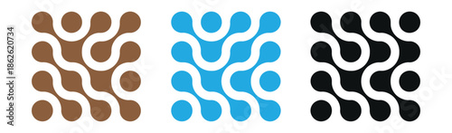  Connected dots icon. Circles pattern sign. Integration symbol. Abstract point movement. Connected round blobs. Transition meta balls. Circular meta ball connect pattern with tech dots.