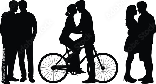 Romantic couple silhouettes, love gesture, bicycle kiss, black profile, vector illustration, intimacy concept, standing pose, affection icon, relationship design