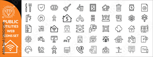 Public utilities web icons line set. Public Utilities Water, Fuel, Electricity, gas, garage, Solar House, Rent receipt, Maintainence, and More vector illustration big icon set.