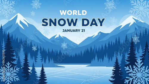 World Snow Day illustration featuring snow-covered mountains pine trees and a frozen lake perfect for winter event promotion and seasonal design