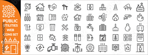 Public utilities web icons line set. Public Utilities Water, Fuel, Electricity, gas, garage, Solar House, Rent receipt, Maintainence, and More vector illustration big icon set.