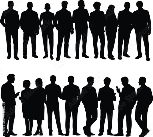 Silhouettes of business groups, professional interaction, black shadows, teamwork, networking, posture variation, corporate attire, communication, meetings, identity