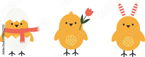 Cute Easter Chick Cartoon Set With Egg Shell Scarf Flower And Bunny Ears Illustration