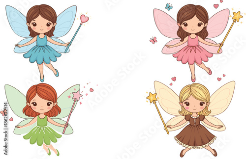 Cute fairy girl cartoon vector illustration set with colorful wings and magic wand for kids designs