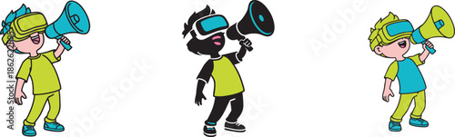 Young Boy in VR Headset with Megaphone Announcing News