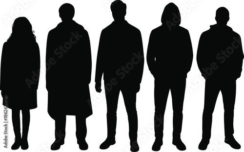 Silhouette of diverse people, standing together, black shadows, urban fashion, hoodie style, anonymous figures, unity, individuality, streetwear, posture