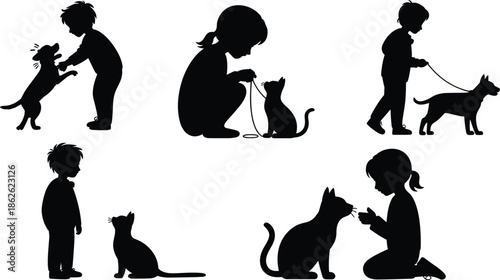 Silhouettes of children with pets, black shadows, dog and cat interaction, play, care, posture, companionship, gesture, bonding, expression