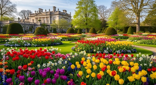 Expansive formal garden showcasing masses of colorful blooming tulips beside an elegant, stately residence
