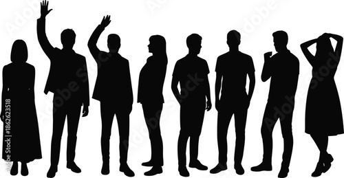 Silhouette people standing, diverse postures, black vector, human gestures, minimal design, editable art, abstract style, body language, fashion pose, concept illustration