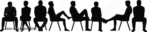 Silhouettes of seated people, posture variation, black shadows, chair poses, body language, casual sitting, identity, gesture, expression, form