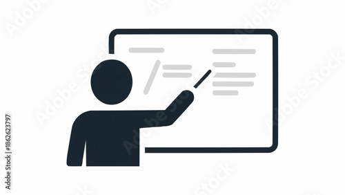 Silhouette of a teacher pointing at a whiteboard with text.
