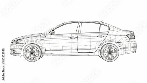 Detailed Wireframe Illustration of a Modern Sedan Car.