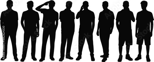 Silhouettes of eight men, standing poses, black shadows, gesture variation, casual and formal clothing, posture diversity, thinking, salute, style